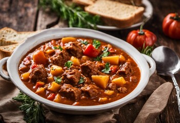 Hearty beef stew served in a white bowl, AI-generated.