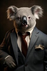 AI-generated illustration of a koala bear wearing a formal suit and looking directly at the camera