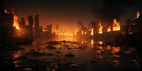 Fototapeta premium AI generated illustration of an orange and red colored fire blazing amidst tall city buildings