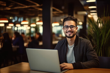Young man giving happy expression while using laptop