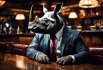 AI generated illustration of a rhinoceros in a formal suit sitting in a bar - obrazy, fototapety, plakaty