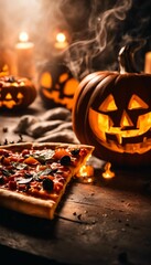 AI generated illustration of a freshly cooked pizza against a lit fireplace with Halloween pumpkins