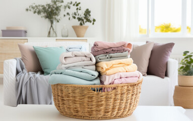 Stack of different cloths in wooden basket