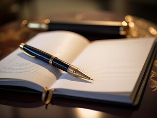 Notepad and pen on wooden desk AI