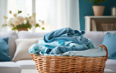 Stack of different cloths in wooden basket - Powered by Adobe