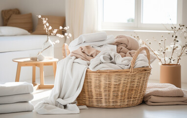 Stack of different cloths in wooden basket