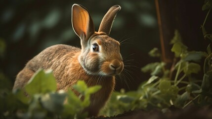Naklejka na ściany i meble AI-generated illustration of a rabbit standing in a field of bushy green foliage