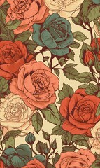 AI generated illustration of a vibrant, floral pattern featuring a multitude of colorful roses