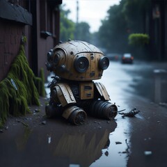 AI generated illustration of a cute robot not in prober condition in the middle of the road - obrazy, fototapety, plakaty
