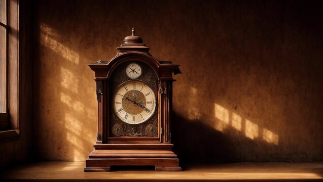 Sepia-toned photograph of an antique clock, AI-generated.