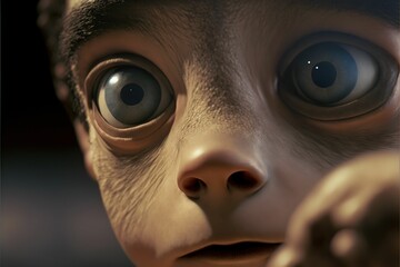 AI generated illustration of a close up of an inquisitive young child with an alien-like expression