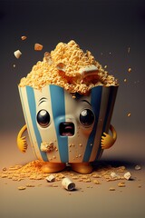 AI generated illustration of a bowl with surprised face full of popcorn and peanuts - obrazy, fototapety, plakaty