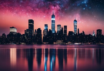 AI generated illustration of the New York City sky illuminated at night against a starry sky
