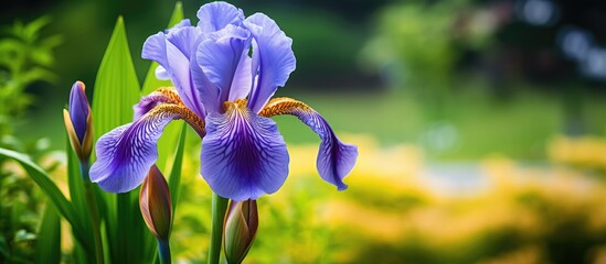 During the summertime an iris plant blooms outdoors - Powered by Adobe