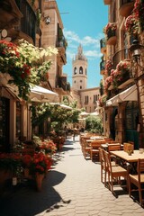 Outdoor cafe situated on a cobblestone street, AI-generated. - obrazy, fototapety, plakaty
