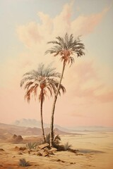 Artistic representation of two palm trees standing in a sandy, arid landscape, AI-generated.