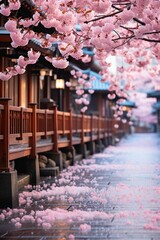 AI generated illustration of a street scene with a vibrant pink cherry blossom tree
