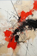AI generated illustration of a contemporary abstract painting featuring bold red and black shapes