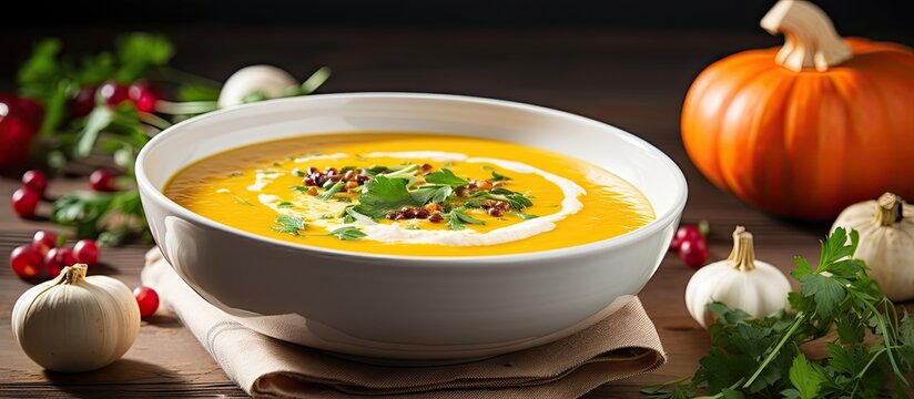 Pumpkin soup served with prosciutto on the table