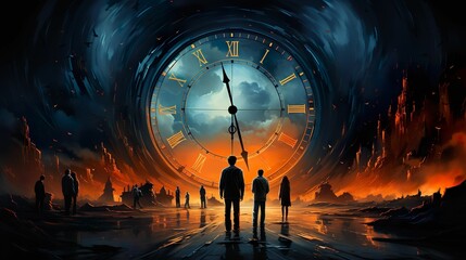Striking clock symbolizing time's march set against a vibrant background, AI-generated.