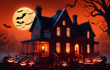 Fototapeta na wymiar AI generated illustration of a spooky Halloween scene featuring an old house against a full moon