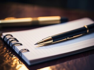 Notepad and pen on wooden desk AI