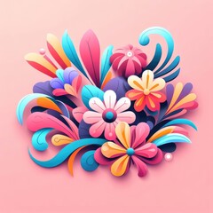 A group of colorful, stylized flowers on a pink background