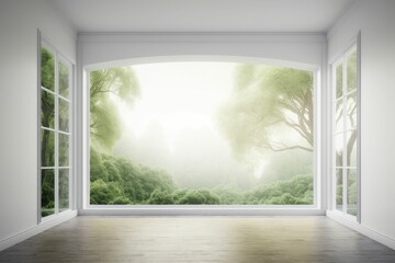 AI generated illustration of an empty room with large windows allowing natural light to stream in
