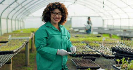 Woman, greenhouse and portrait with gardening and agriculture work with a smile of food farmer....