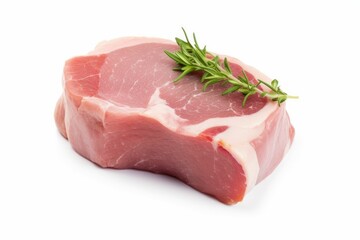 AI generated illustration of a slice of succulent red raw steak with rosemary on a white background