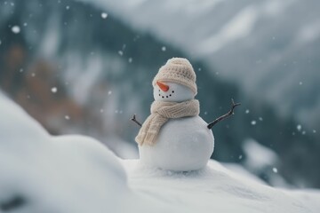 Obraz premium AI generated illustration of a tiny snowman on a pile of freshly fallen snow