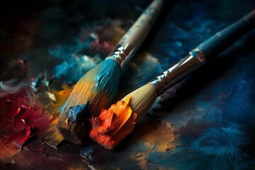 Obraz premium AI generated illustration of paint brushes with paint on a messy canvas