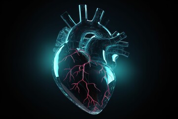 AI generated illustration of a glowing glass human heart design on a dark background - obrazy, fototapety, plakaty