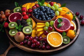 Naklejka na ściany i meble AI generated illustration of a platter of assorted vibrant juicy fruits