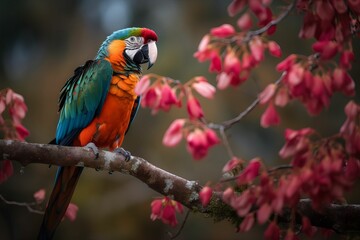 Obraz premium AI generated illustration of a vibrant parrot perched on a tree branch