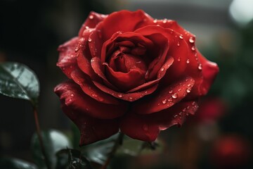 AI generated illustration of a vibrant red rose covered in raindrops