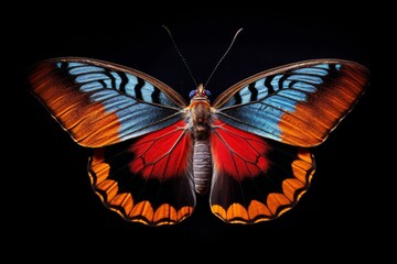 Vibrant orange and blue butterfly isolated on a black background. AI-generated.