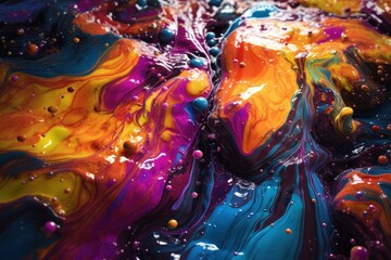 Colorful mixture of paint in a liquid form, creating an abstract composition. AI-generated.