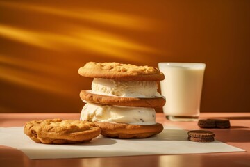 Fototapeta na wymiar Delicious treat of a classic ice cream sandwich with cookies and a glass of milk. AI-generated.