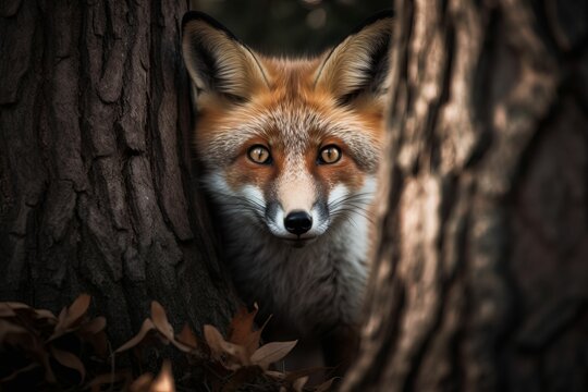 AI generated illustration of a red fox with a piercing faze looking through trees