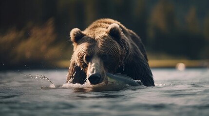 AI generated illustration of a brown bear in a body of water with a large fish in its mouth