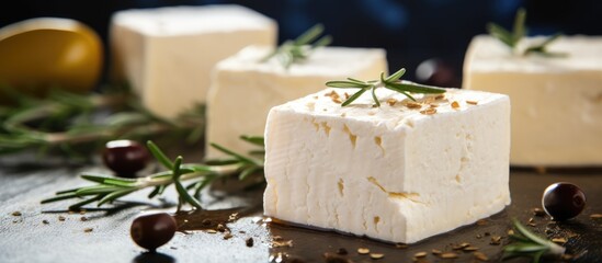 Homemade Greek cheese idea featuring cubes of feta accompanied by olives and rosemary placed on craft paper on a concrete backdrop - obrazy, fototapety, plakaty