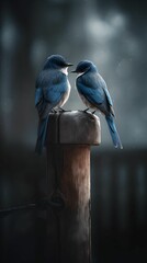 AI generated illustration of two blue birds perched atop a wooden post