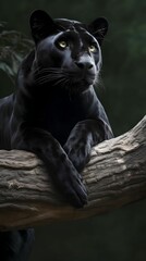 AI generated illustration of a black leopard perched on a tree branch