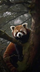 Obraz premium AI generated illustration of a red panda leaning on a tree branch