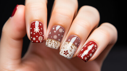 Christmas winter manicure with snowflakes. Nail Art for New Year's Celebration. Aspect ratio 16:9