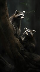 AI generated illustration of two raccoons standing near a tree trunk