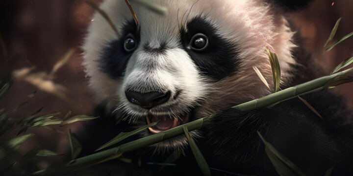 AI generated illustration of a young panda bear in lush green grass