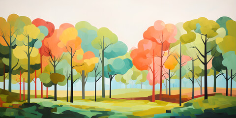colourful simple cute painting of the woodland landscape, a picturesque forest environment in bright colours