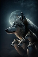 AI generated illustration of  grey wolves standing in a row in front of a full moon - obrazy, fototapety, plakaty